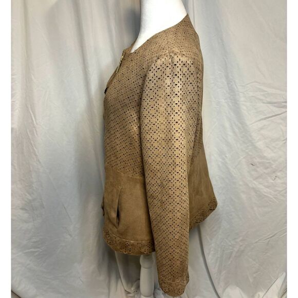 Chicos Faux Suede Light Brown Camel Eyelet Womens Zip Jacket Designer Collarless - Picture 5 of 11